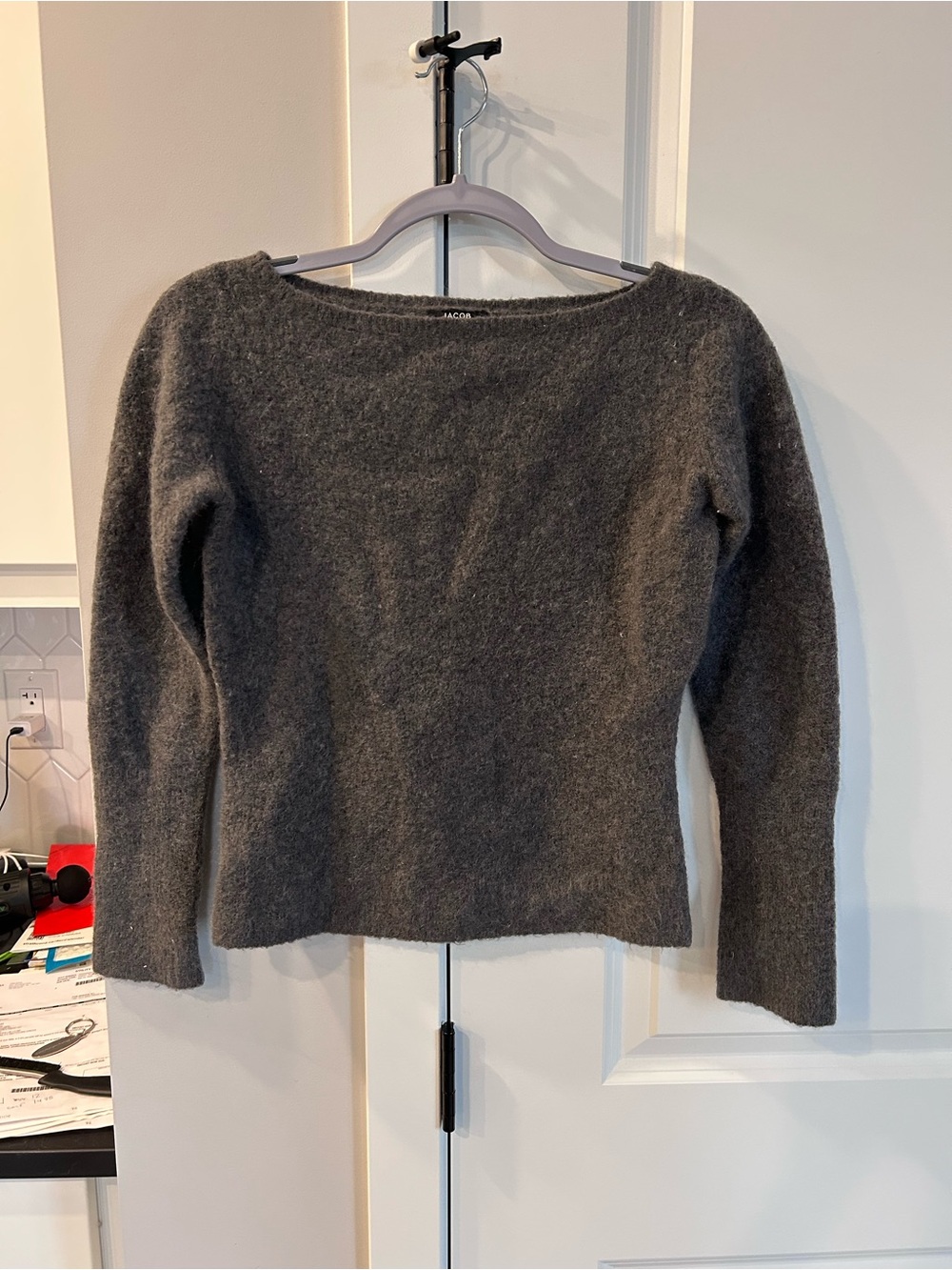 Jacob Charcoal Grey Fuzzy Boat Neck Knit Sweater Long Sleeve Wool Blend Neutral